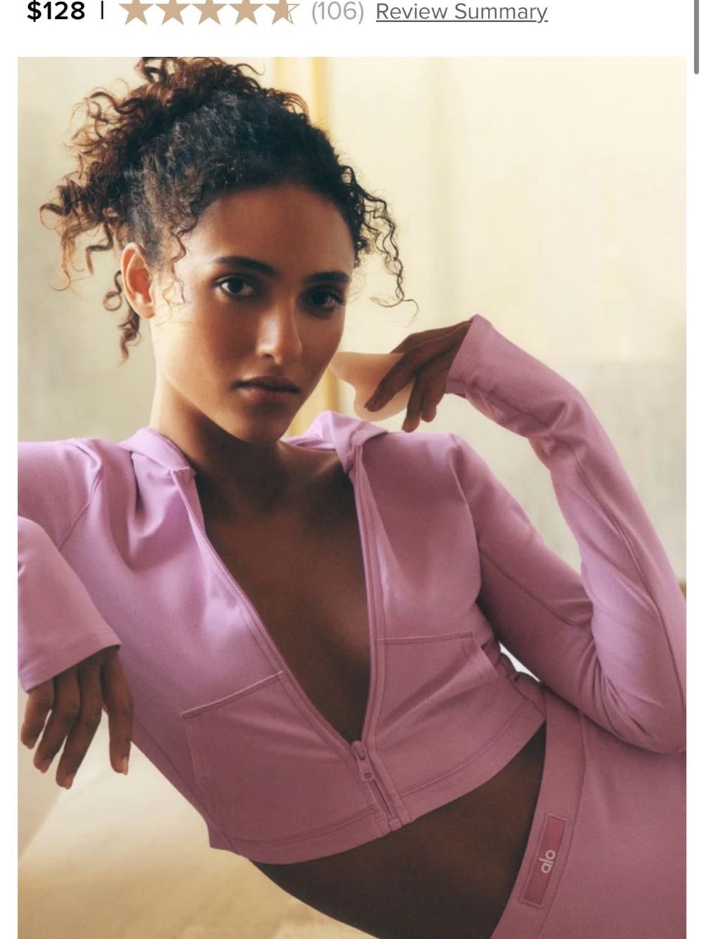ALO Yoga Lavender Cropped Zip Hoodie with Thumbhole Sleeves
